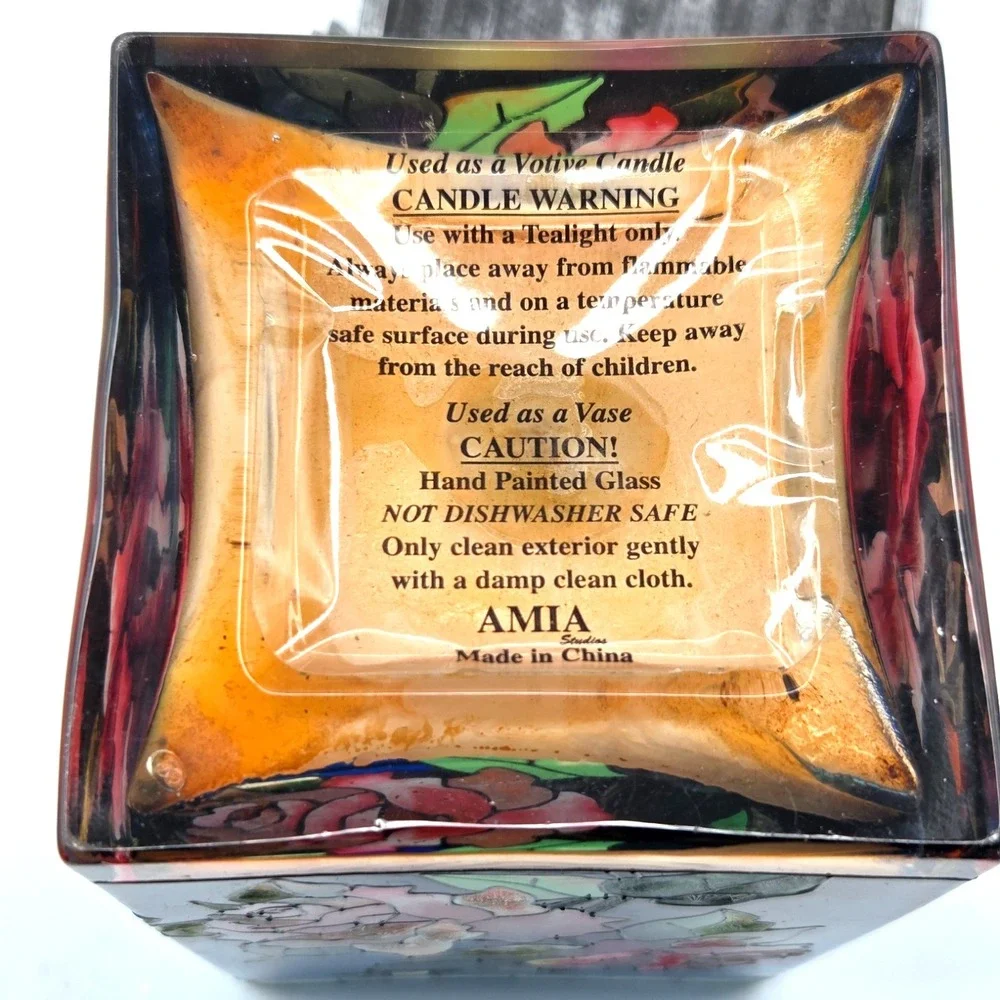 Amia‎ Studio Hand Painted Candle Holder Stained Glass  Roses Floral Cottage Core